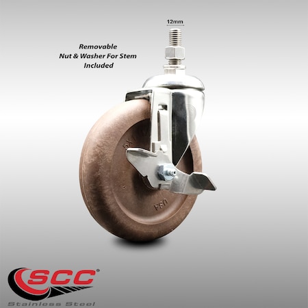 Service Caster 5 Inch 316SS High Temp Glass Filled Nylon 12mm Threaded Stem Caster Brake SCC-SS316TS20S514-GFNSHT-TLB-M1215
